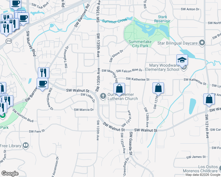map of restaurants, bars, coffee shops, grocery stores, and more near 13327 Southwest Scotts Bridge Drive in Tigard
