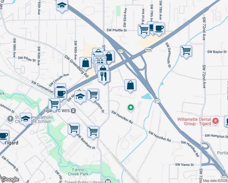 map of restaurants, bars, coffee shops, grocery stores, and more near 12254 Southwest Garden Place in Tigard