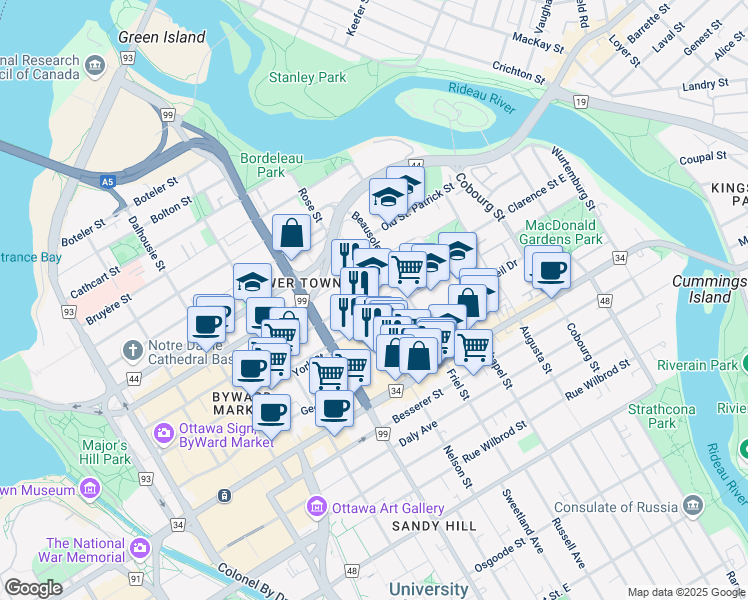 map of restaurants, bars, coffee shops, grocery stores, and more near 261 York Street in Ottawa