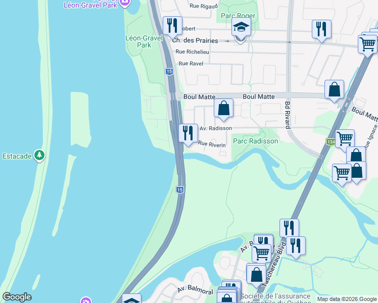 map of restaurants, bars, coffee shops, grocery stores, and more near 9508 Rue Riverin in Brossard