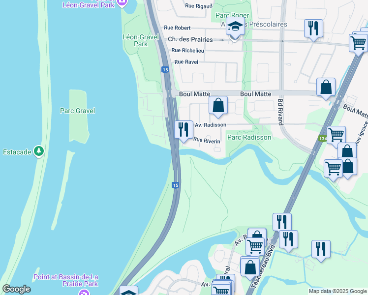 map of restaurants, bars, coffee shops, grocery stores, and more near 9508 Rue Riverin in Brossard