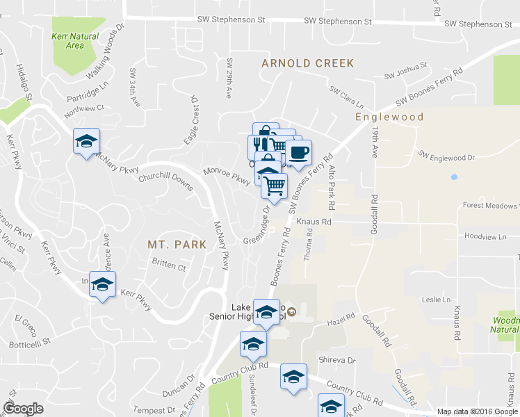 map of restaurants, bars, coffee shops, grocery stores, and more near 56 Greenridge Court in Lake Oswego
