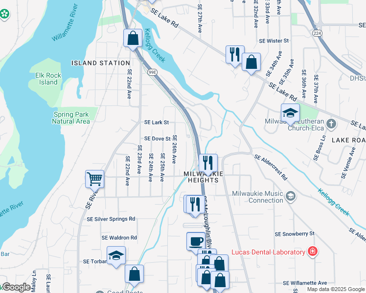 map of restaurants, bars, coffee shops, grocery stores, and more near 12567 Southeast 26th Avenue in Milwaukie