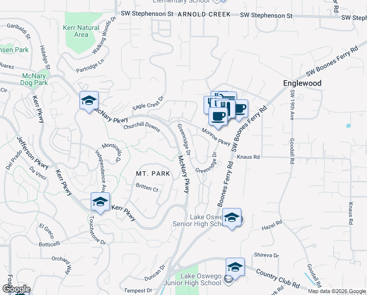 map of restaurants, bars, coffee shops, grocery stores, and more near 2 Churchill Downs in Lake Oswego