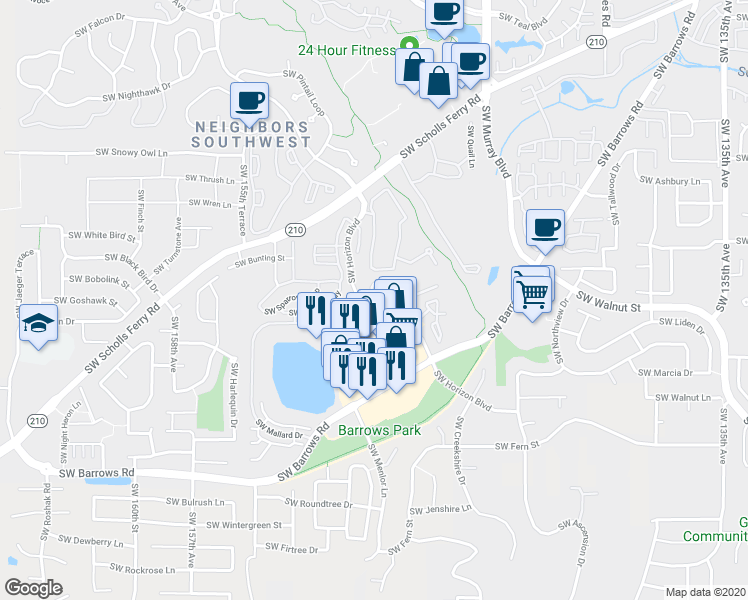 map of restaurants, bars, coffee shops, grocery stores, and more near 14800 Southwest Sandhill Loop in Beaverton