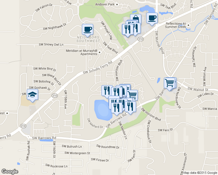 map of restaurants, bars, coffee shops, grocery stores, and more near 15270 Southwest Sparrow Loop in Beaverton