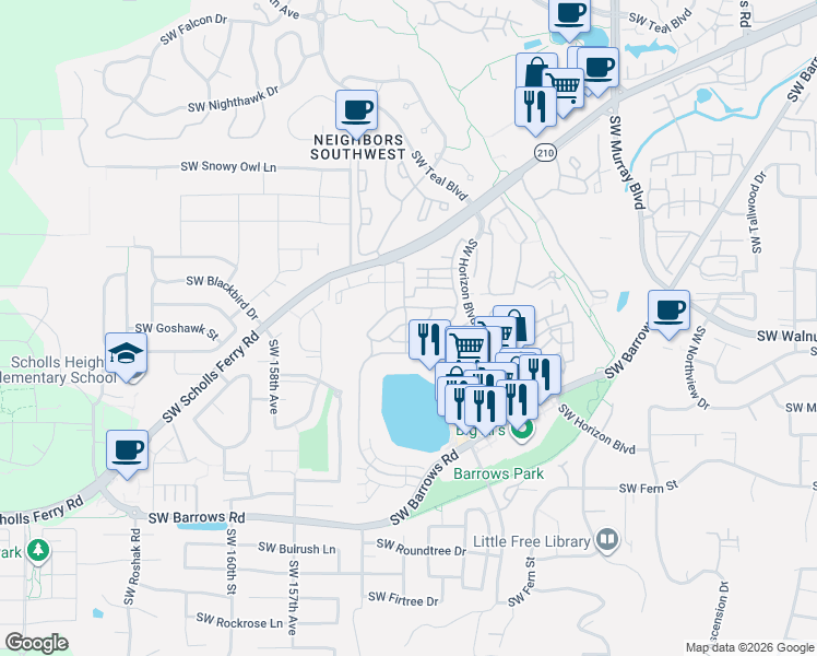 map of restaurants, bars, coffee shops, grocery stores, and more near 15270 Southwest Sparrow Loop in Beaverton