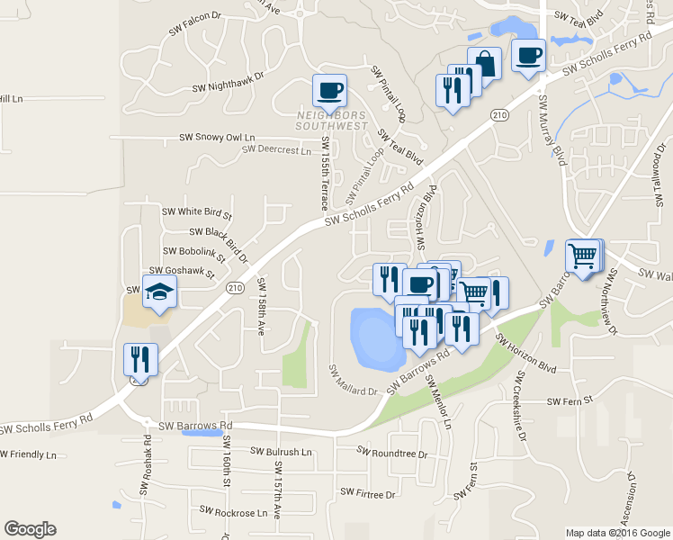 map of restaurants, bars, coffee shops, grocery stores, and more near 15584 Southwest Scholls Ferry Road in Beaverton
