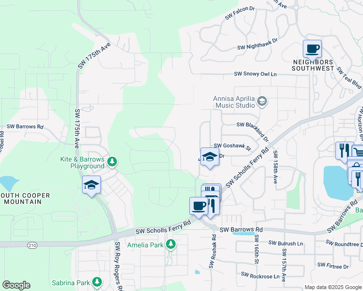 map of restaurants, bars, coffee shops, grocery stores, and more near 12185 Southwest Jaeger Terrace in Beaverton