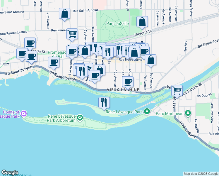map of restaurants, bars, coffee shops, grocery stores, and more near 125 Boulevard Saint-Joseph in Montréal