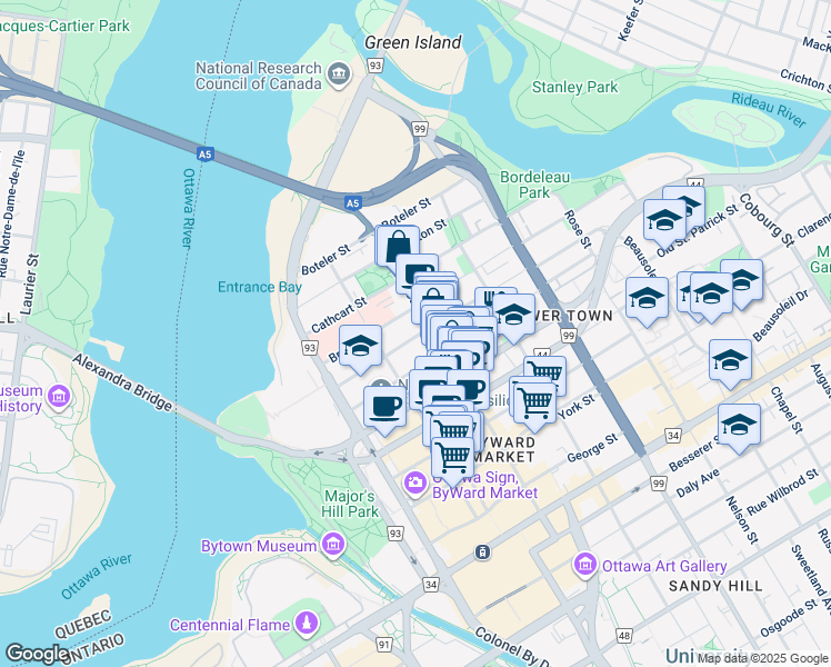 map of restaurants, bars, coffee shops, grocery stores, and more near 113 Saint Andrew Street in Ottawa