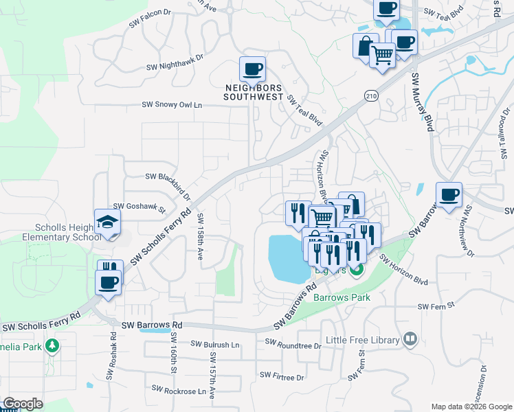 map of restaurants, bars, coffee shops, grocery stores, and more near 15584 Southwest Scholls Ferry Road in Beaverton