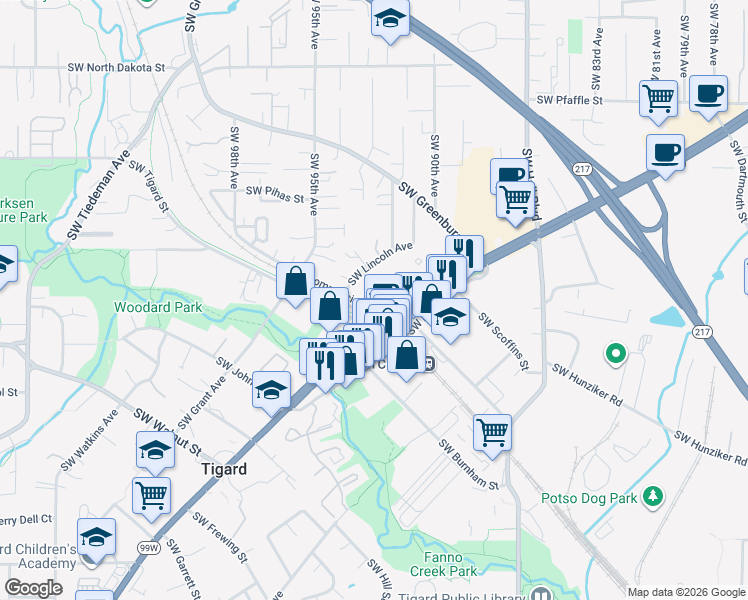 map of restaurants, bars, coffee shops, grocery stores, and more near 9305 Southwest Commercial Street in Tigard