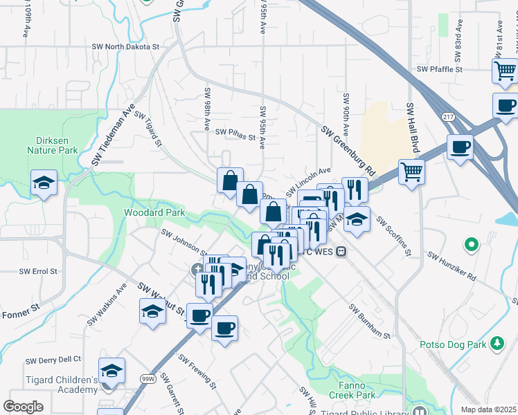 map of restaurants, bars, coffee shops, grocery stores, and more near 9538 Southwest Tigard Street in Portland