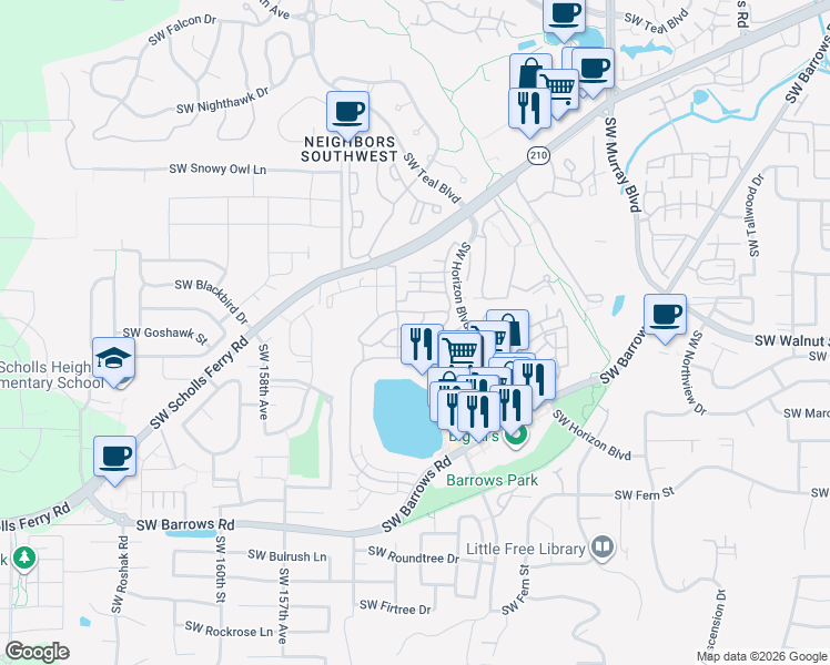 map of restaurants, bars, coffee shops, grocery stores, and more near 15270 Southwest Sparrow Loop in Beaverton