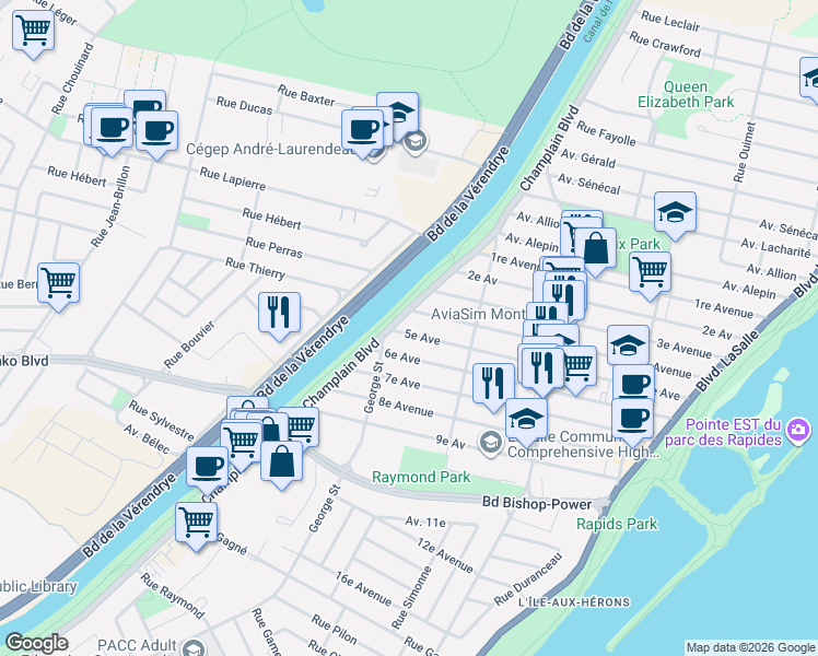 map of restaurants, bars, coffee shops, grocery stores, and more near 373 Avenue 5e in Montréal