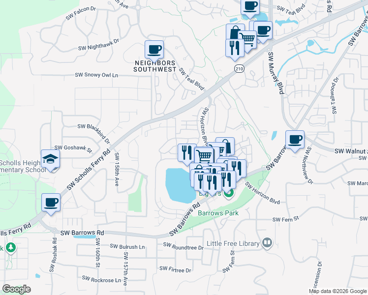 map of restaurants, bars, coffee shops, grocery stores, and more near 15270 Southwest Sparrow Loop in Beaverton