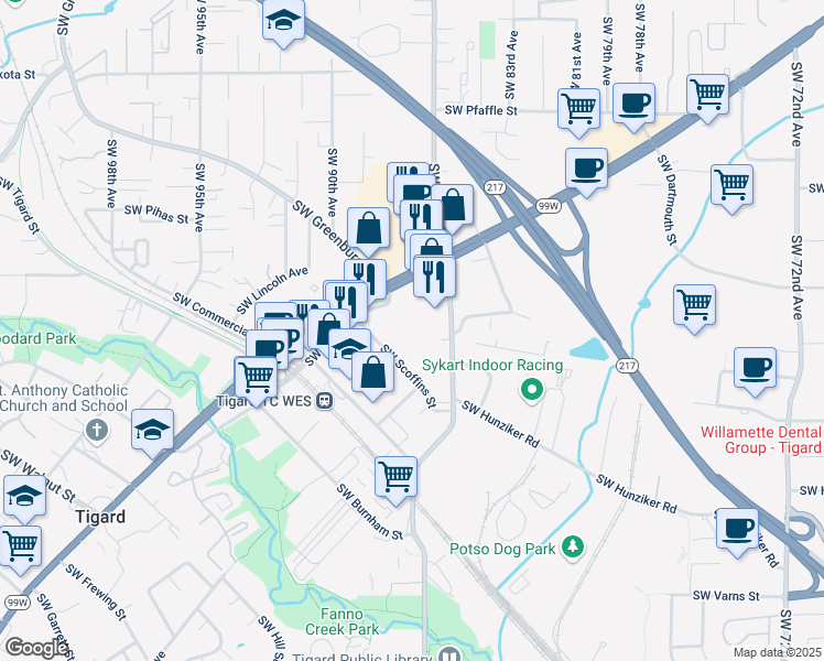 map of restaurants, bars, coffee shops, grocery stores, and more near 12060 Southwest Main Street in Tigard