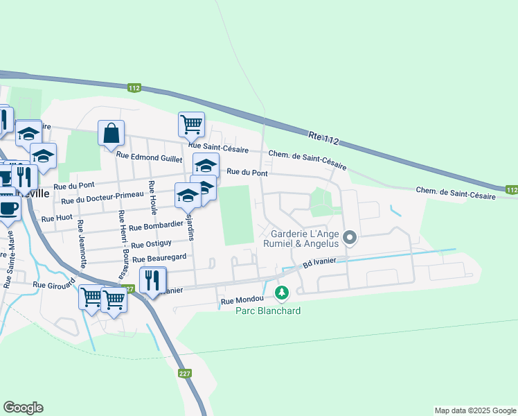map of restaurants, bars, coffee shops, grocery stores, and more near 2080 Rue des Roseaux in Marieville