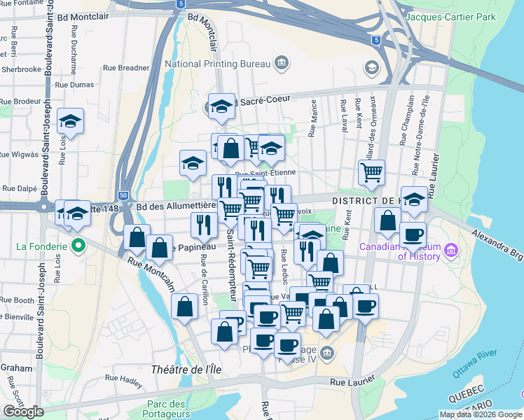 map of restaurants, bars, coffee shops, grocery stores, and more near 85 Rue Charlevoix in Gatineau