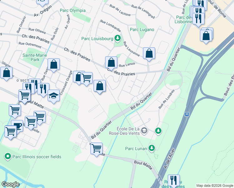 map of restaurants, bars, coffee shops, grocery stores, and more near 4615 Chemin des Prairies in Brossard
