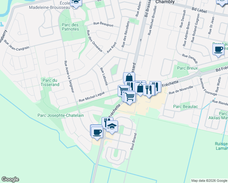 map of restaurants, bars, coffee shops, grocery stores, and more near 1544 Rue Michel-Laguë in Chambly