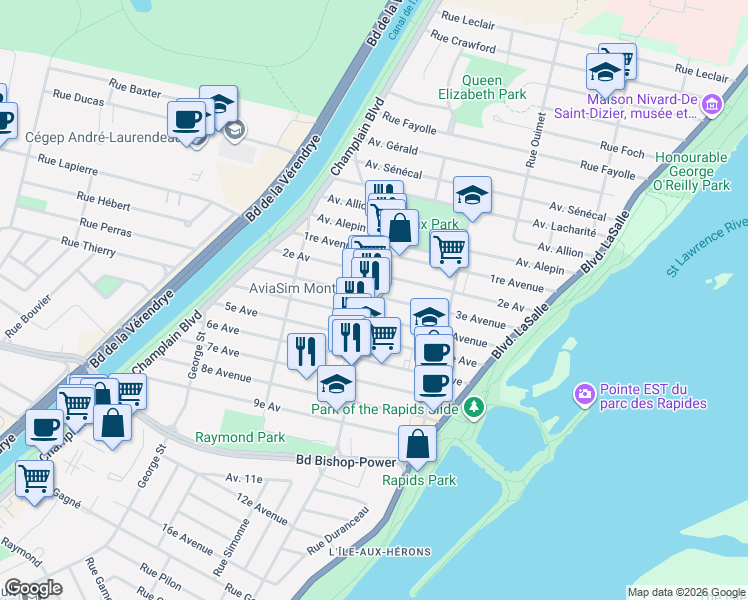 map of restaurants, bars, coffee shops, grocery stores, and more near 7610 Rue Centrale in Montréal
