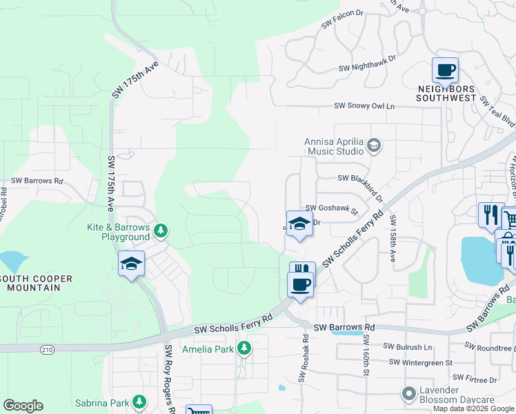 map of restaurants, bars, coffee shops, grocery stores, and more near 12185 Southwest Jaeger Terrace in Beaverton