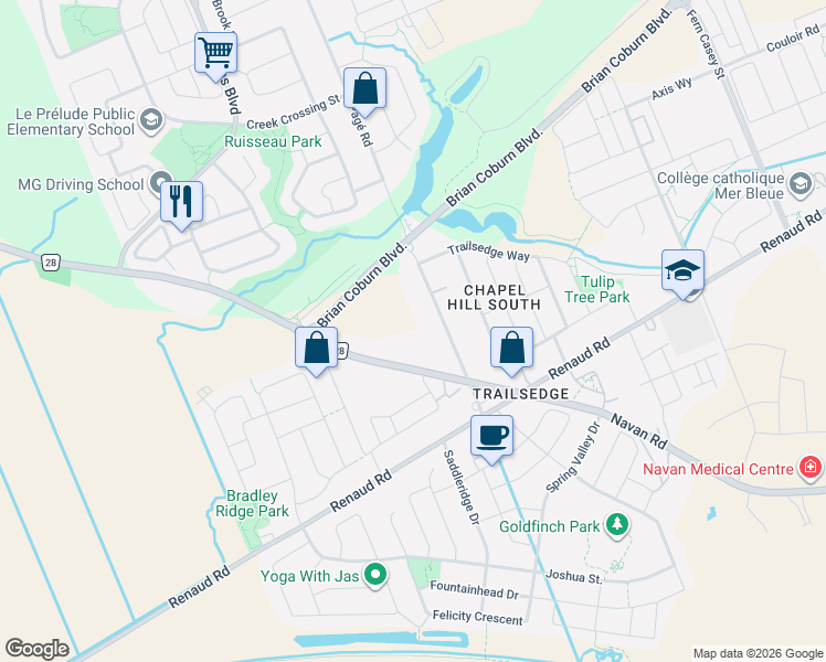 map of restaurants, bars, coffee shops, grocery stores, and more near 133 Rosalie Ridge in Ottawa