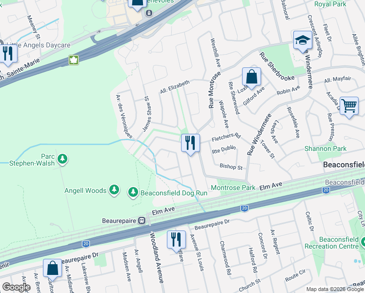 map of restaurants, bars, coffee shops, grocery stores, and more near 268 Rue Alice Carrière in Beaconsfield