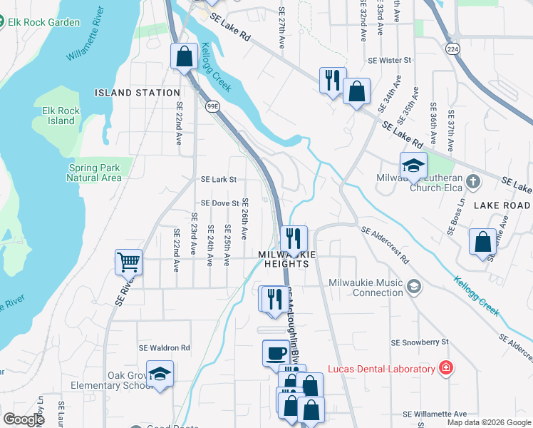 map of restaurants, bars, coffee shops, grocery stores, and more near 12576 Southeast 27th Avenue in Milwaukie
