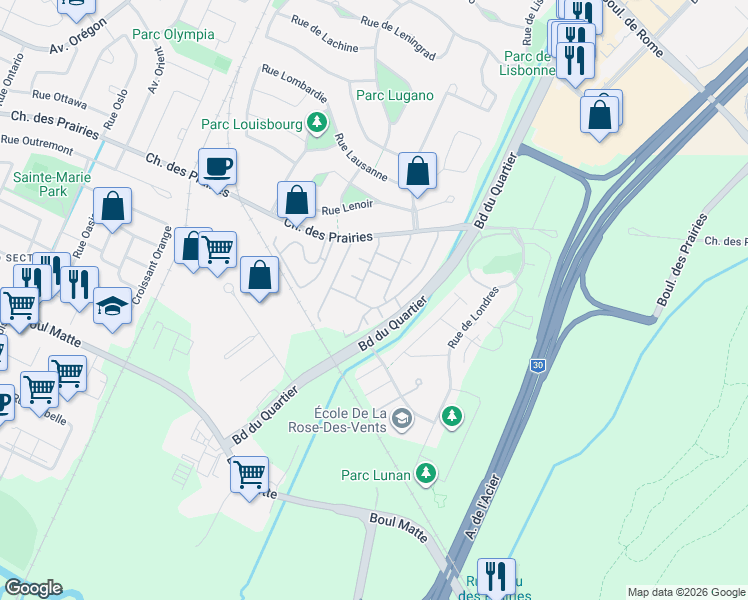 map of restaurants, bars, coffee shops, grocery stores, and more near 9070 Rue le Corbusier in Brossard