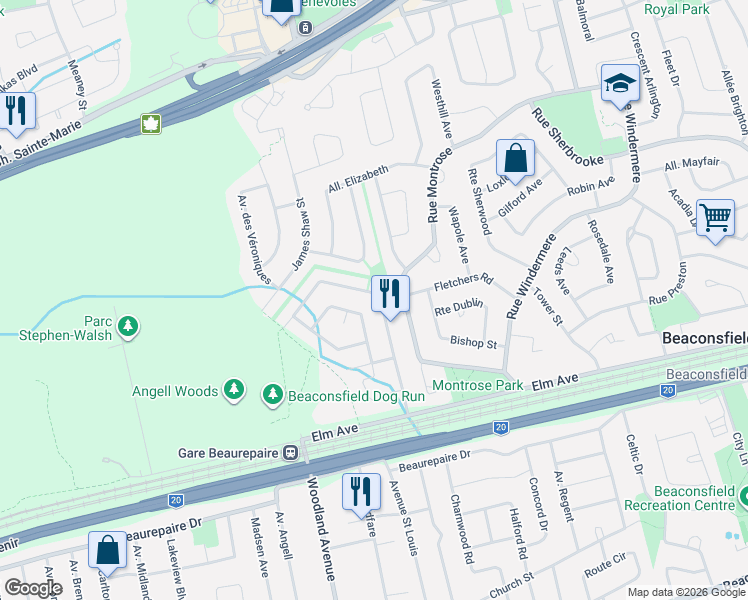 map of restaurants, bars, coffee shops, grocery stores, and more near 268 Rue Alice Carrière in Beaconsfield