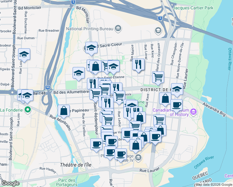 map of restaurants, bars, coffee shops, grocery stores, and more near 173 Rue Leduc in Gatineau