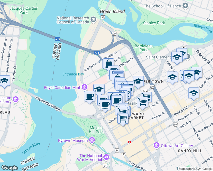 map of restaurants, bars, coffee shops, grocery stores, and more near 86 Bruyère Street in Ottawa