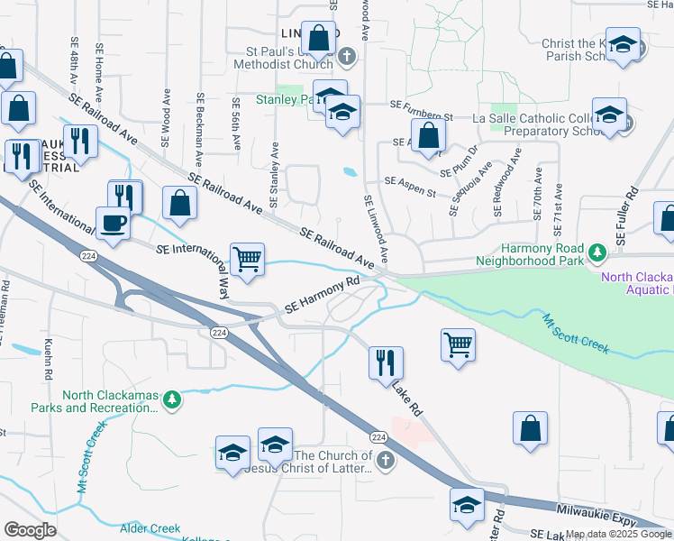 map of restaurants, bars, coffee shops, grocery stores, and more near 5989 Southeast Harmony Road in Milwaukie