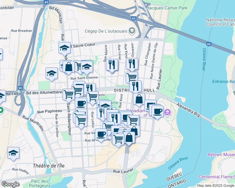 map of restaurants, bars, coffee shops, grocery stores, and more near in Gatineau