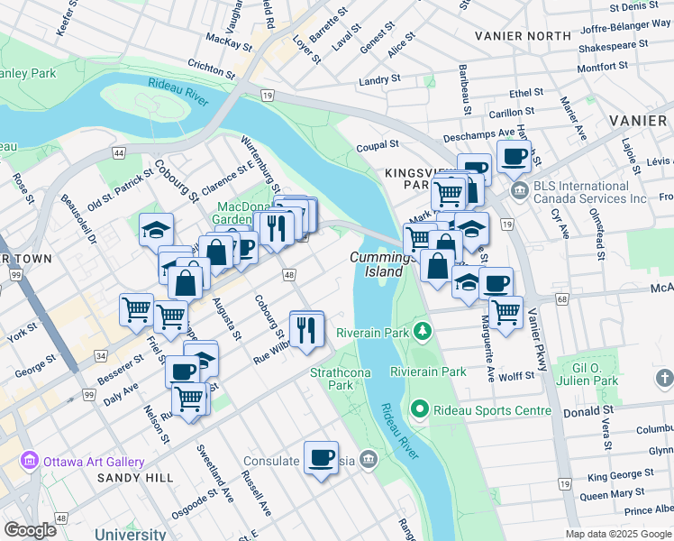 map of restaurants, bars, coffee shops, grocery stores, and more near 450 Daly Avenue in Ottawa