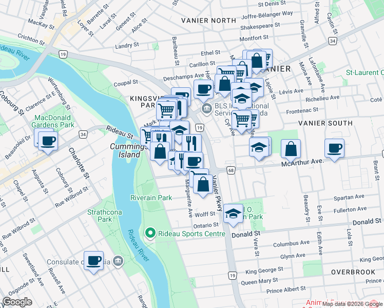 map of restaurants, bars, coffee shops, grocery stores, and more near 95 Selkirk Street in Ottawa