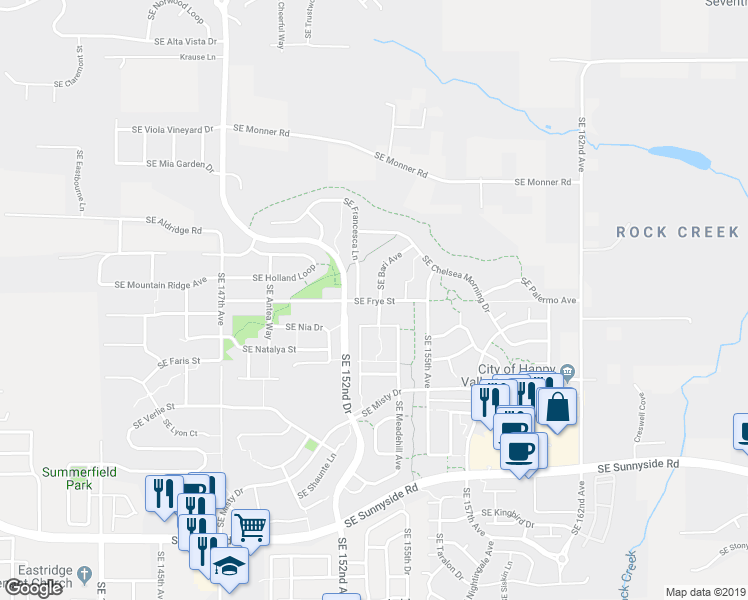 map of restaurants, bars, coffee shops, grocery stores, and more near 15293 Southeast Frye Street in Happy Valley