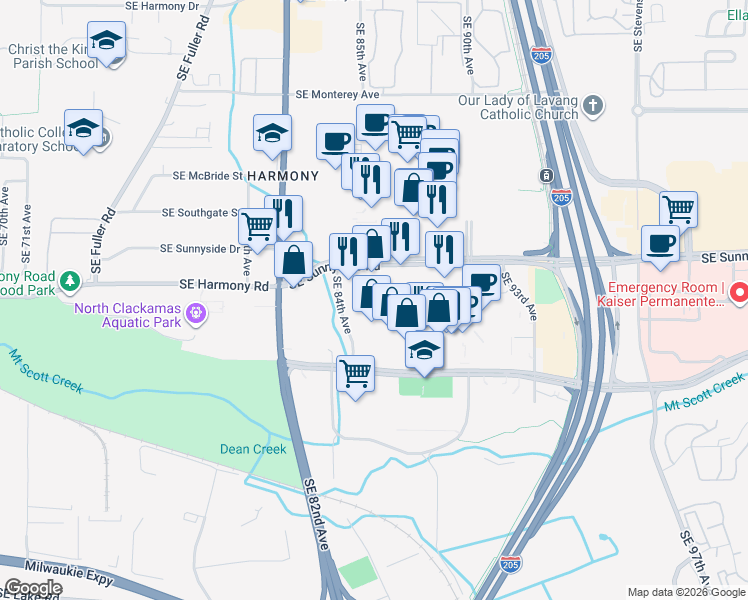 map of restaurants, bars, coffee shops, grocery stores, and more near 8500 Southeast Sunnyside Road in Clackamas