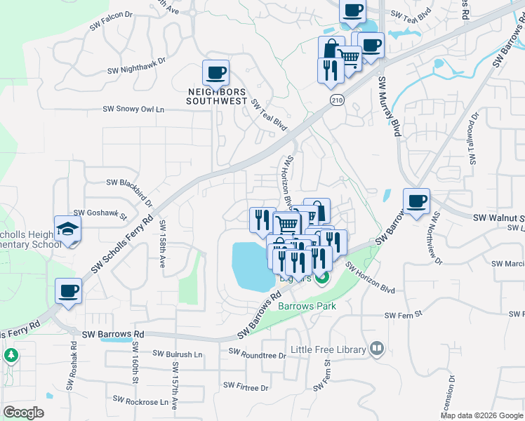 map of restaurants, bars, coffee shops, grocery stores, and more near 15250 Southwest Sparrow Loop in Beaverton