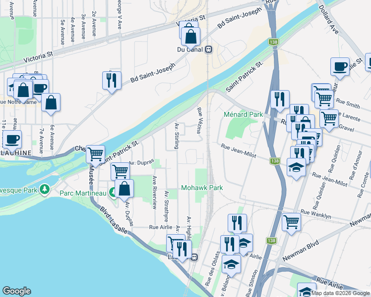 map of restaurants, bars, coffee shops, grocery stores, and more near 9730 Rue William-Fleming in Montreal