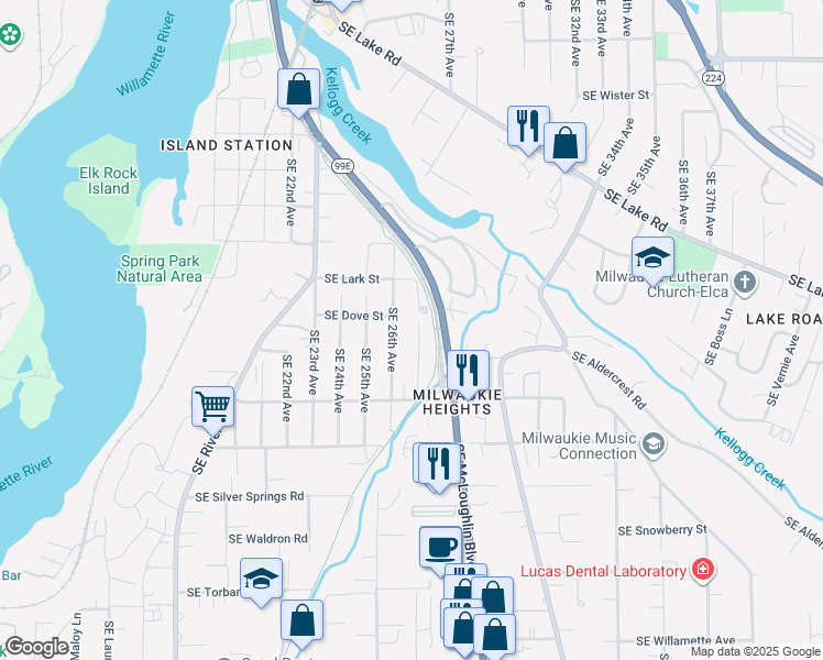 map of restaurants, bars, coffee shops, grocery stores, and more near 12575 Southeast 27th Avenue in Milwaukie