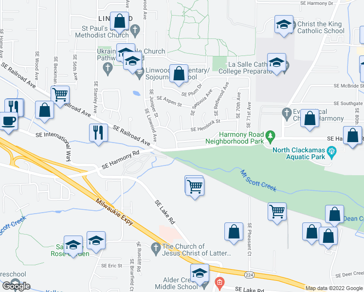 map of restaurants, bars, coffee shops, grocery stores, and more near in Milwaukie