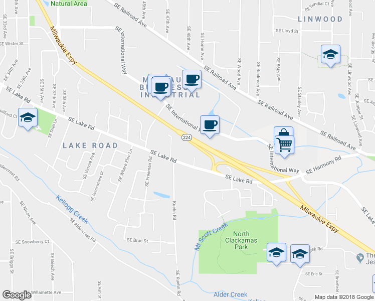 map of restaurants, bars, coffee shops, grocery stores, and more near 4901 Southeast Mintone Drive in Milwaukie