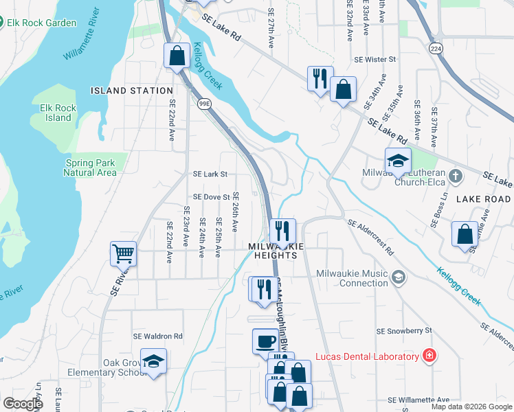 map of restaurants, bars, coffee shops, grocery stores, and more near 12576 Southeast 27th Avenue in Milwaukie