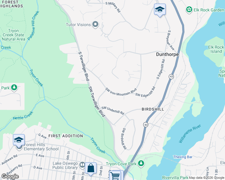 map of restaurants, bars, coffee shops, grocery stores, and more near 13087 Southwest Iron Mountain Boulevard in Portland