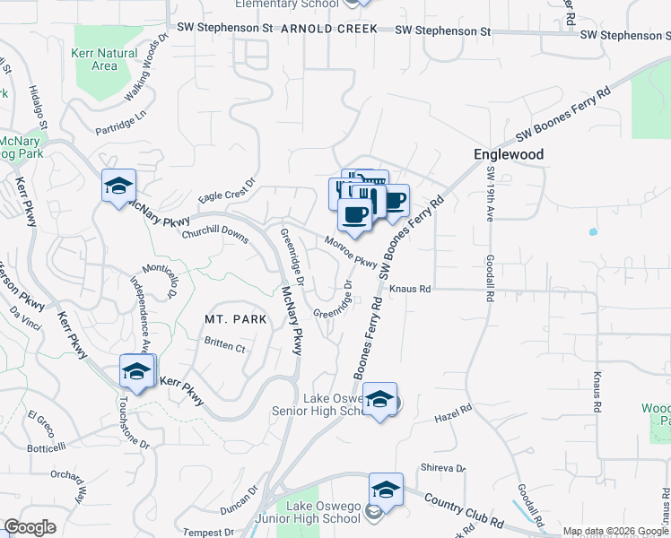 map of restaurants, bars, coffee shops, grocery stores, and more near 56 Greenridge Court in Lake Oswego