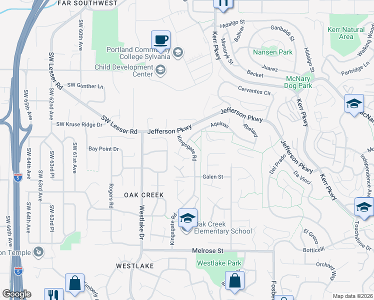 map of restaurants, bars, coffee shops, grocery stores, and more near 12 Crestfield Court in Lake Oswego
